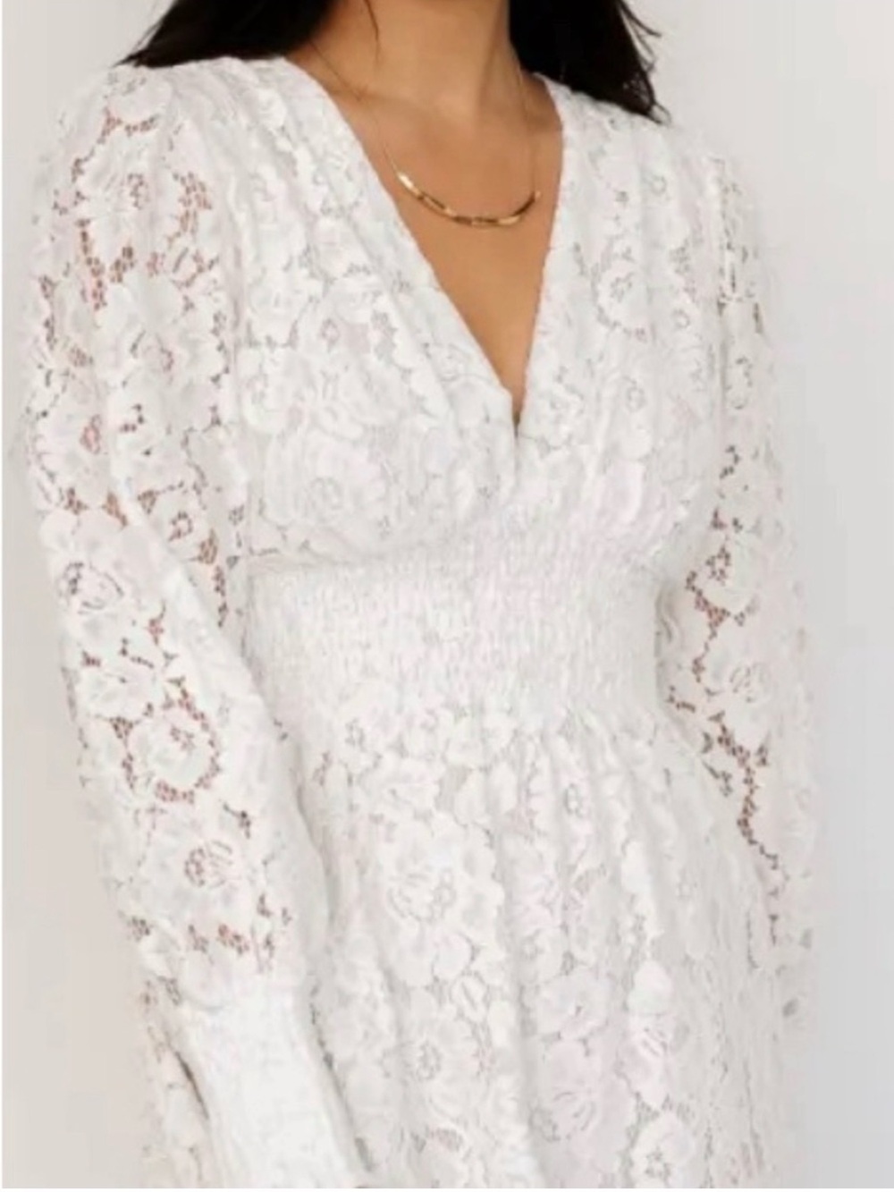 Baltic Born White Lace Smocked Waist Long Sleeve Dress